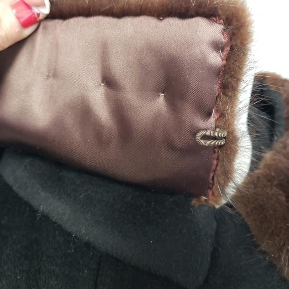 Vtg Townly Wool Dress Coat Mink Fur Collar Black L Satin Lined EUC Mid Century - Picture 4 of 16